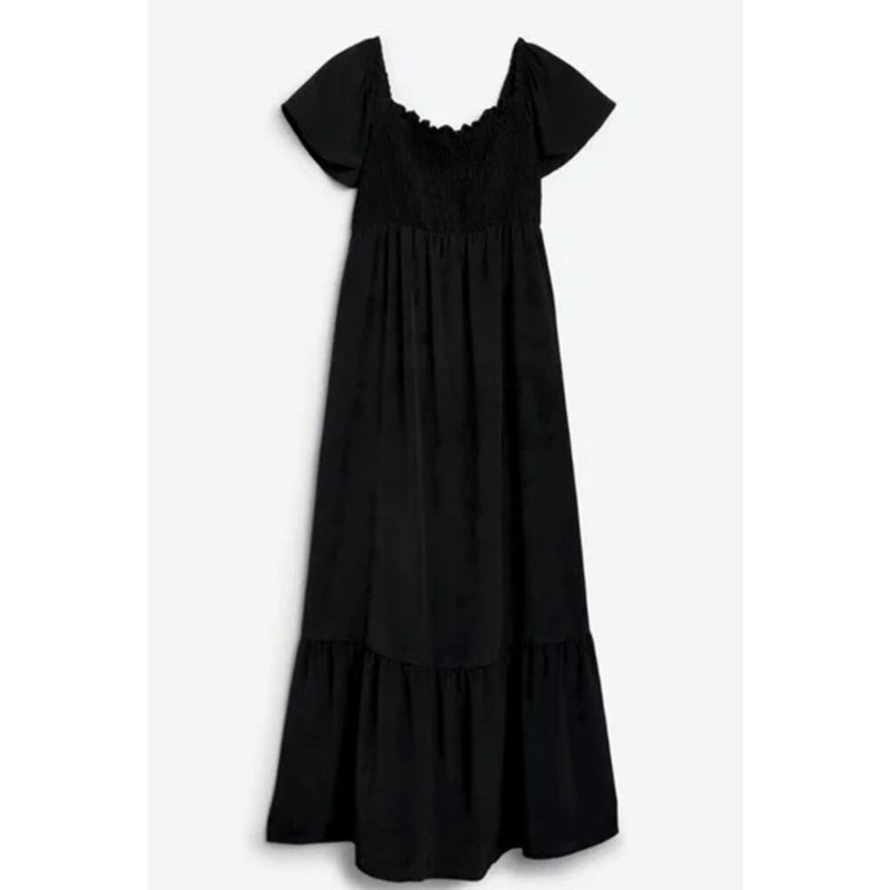 Kaileigh Maternity Babydoll Smocked A-Line Maxi Dress XS Black Boho Romantic